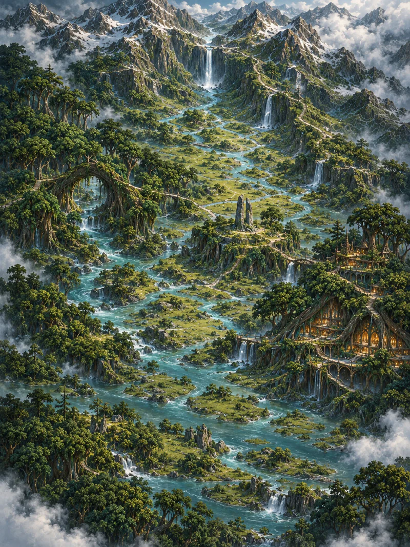Une vallée parcourue de rivières, de villages racinaires et de passerelles sous les arbres.